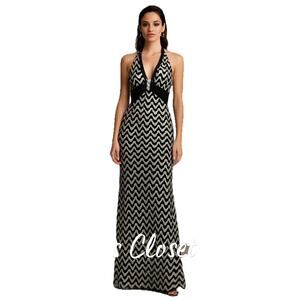 Betsy & Adam by Linda Bernell Black & White Chevron Halter Gown